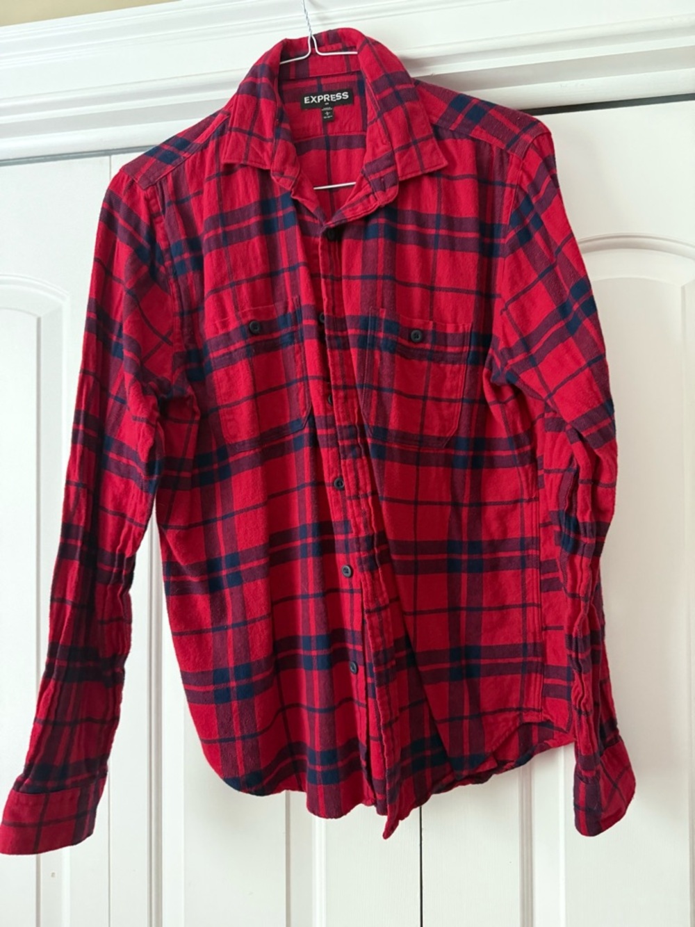 Express Red and Navy Plaid Button-Down Shirt